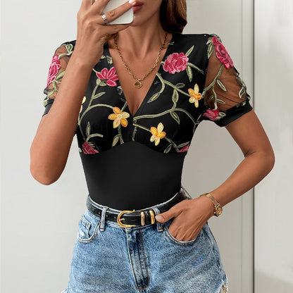 Damen Body mit floralem Spitzenbesatz und V-Ausschnitt
