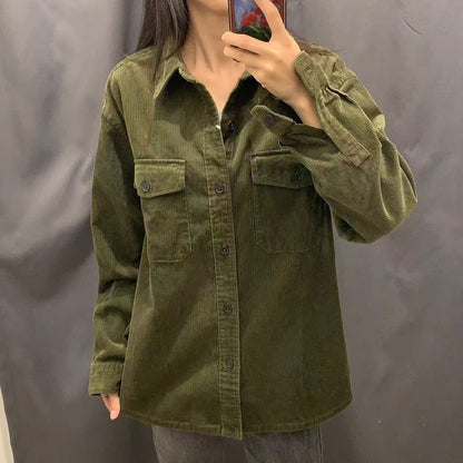 Damen Kordjacke Lässig Brusttaschen Braun - Eveloria