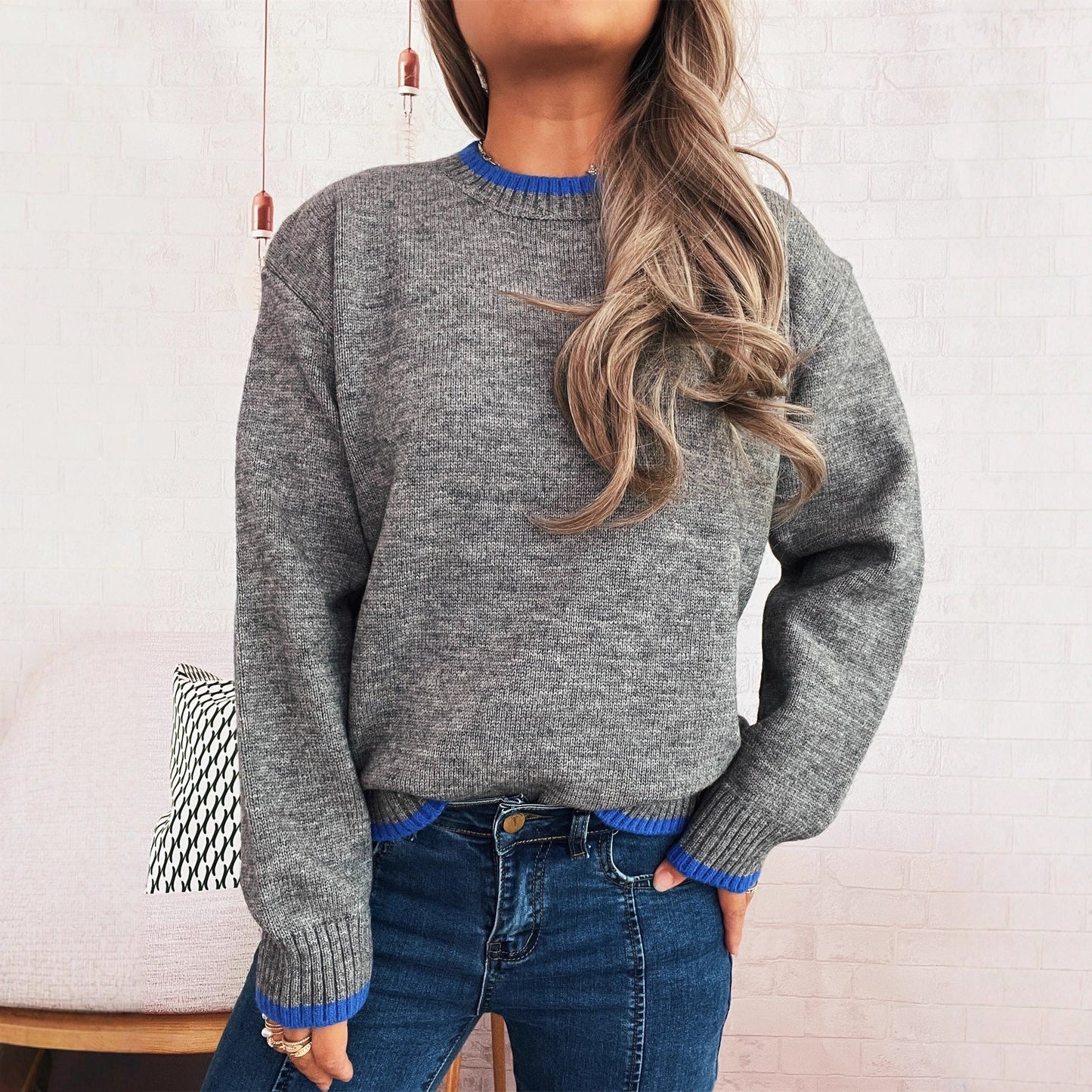 Damen Pullover Lässiger Stehkragen Rippdetails Grau