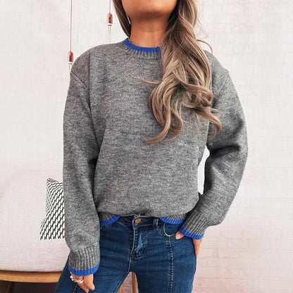 Damen Pullover Lässiger Stehkragen Rippdetails Grau