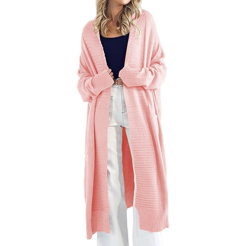 Damen Strickcardigan Lang mit Muster und Taschen Anthrazit