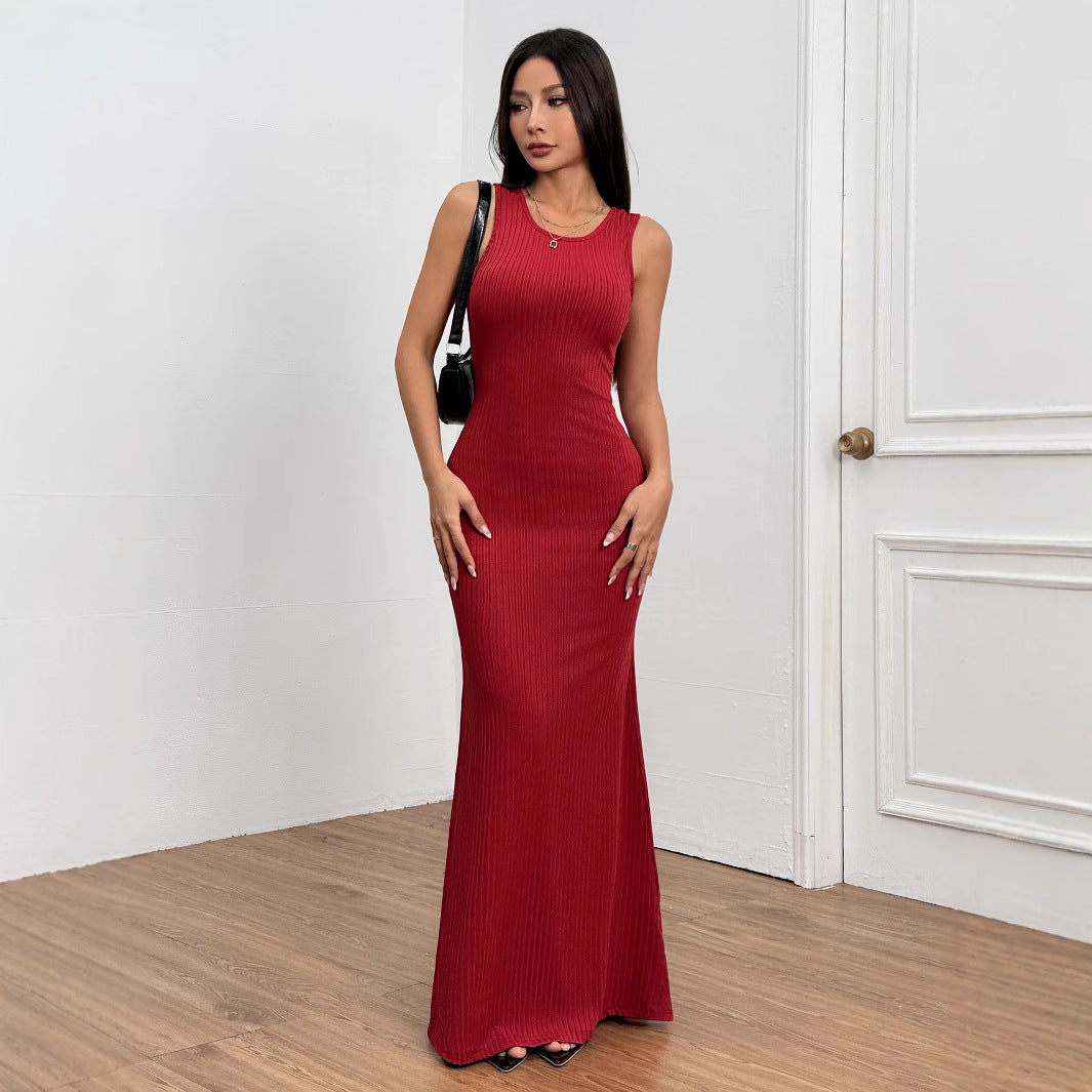 Damen Ripp Maxi-Kleid Figurbetont Rundhalsausschnitt Eveloria
