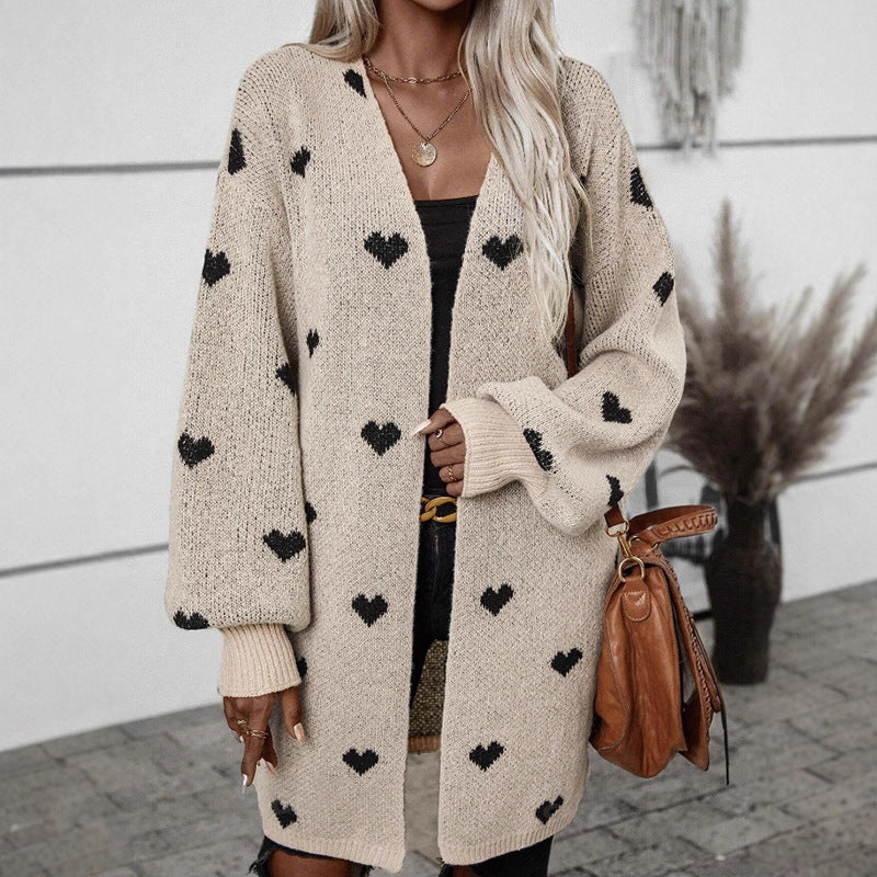 Damen Strickjacke Herzmuster Lässig Grün