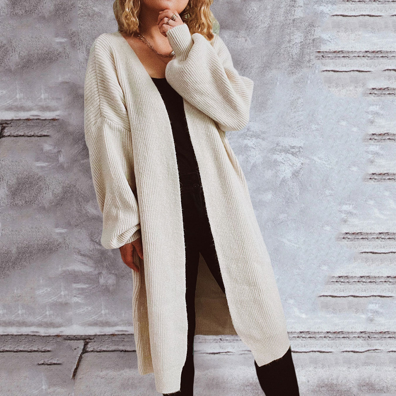 Damen Strickjacke Oversized V-Ausschnitt Weite Passform Beige