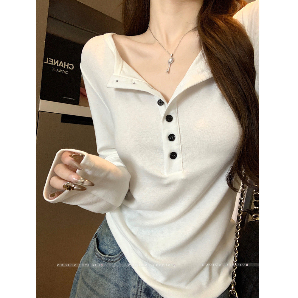 Damen Langarmshirt Knopfleiste Eveloria Elegantes Baumwolle Weiß