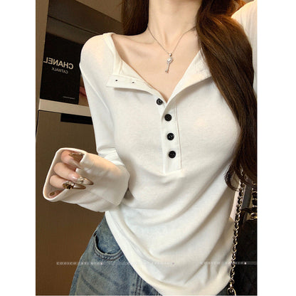 Damen Langarmshirt Knopfleiste Eveloria Elegantes Baumwolle Weiß