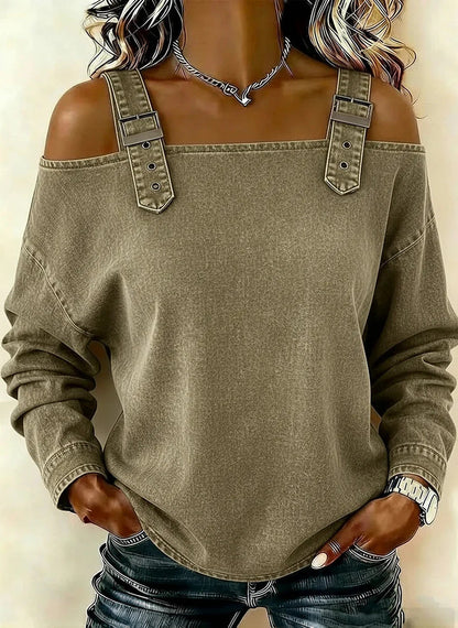 Damen Sweatshirt Lässig Dekorative Schulterdetails Grau Eveloria