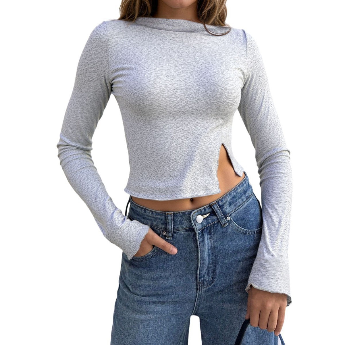 Damen Cropped Langarmshirt Seidenmix Elegantes Design