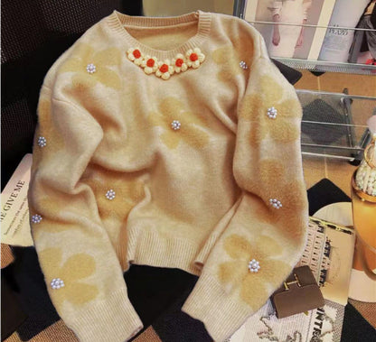 Damen Strickpullover Florales Design Perlen Eveloria