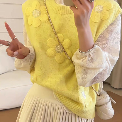 Damen Strickpullover mit Floralmuster und Struktur Oberfläche