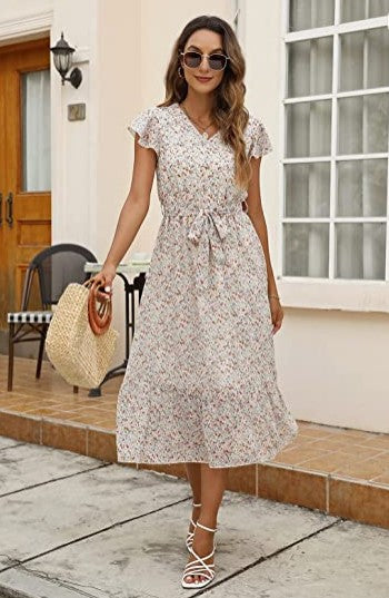 Damen Midi-Kleid Floralmuster Taillengürtel