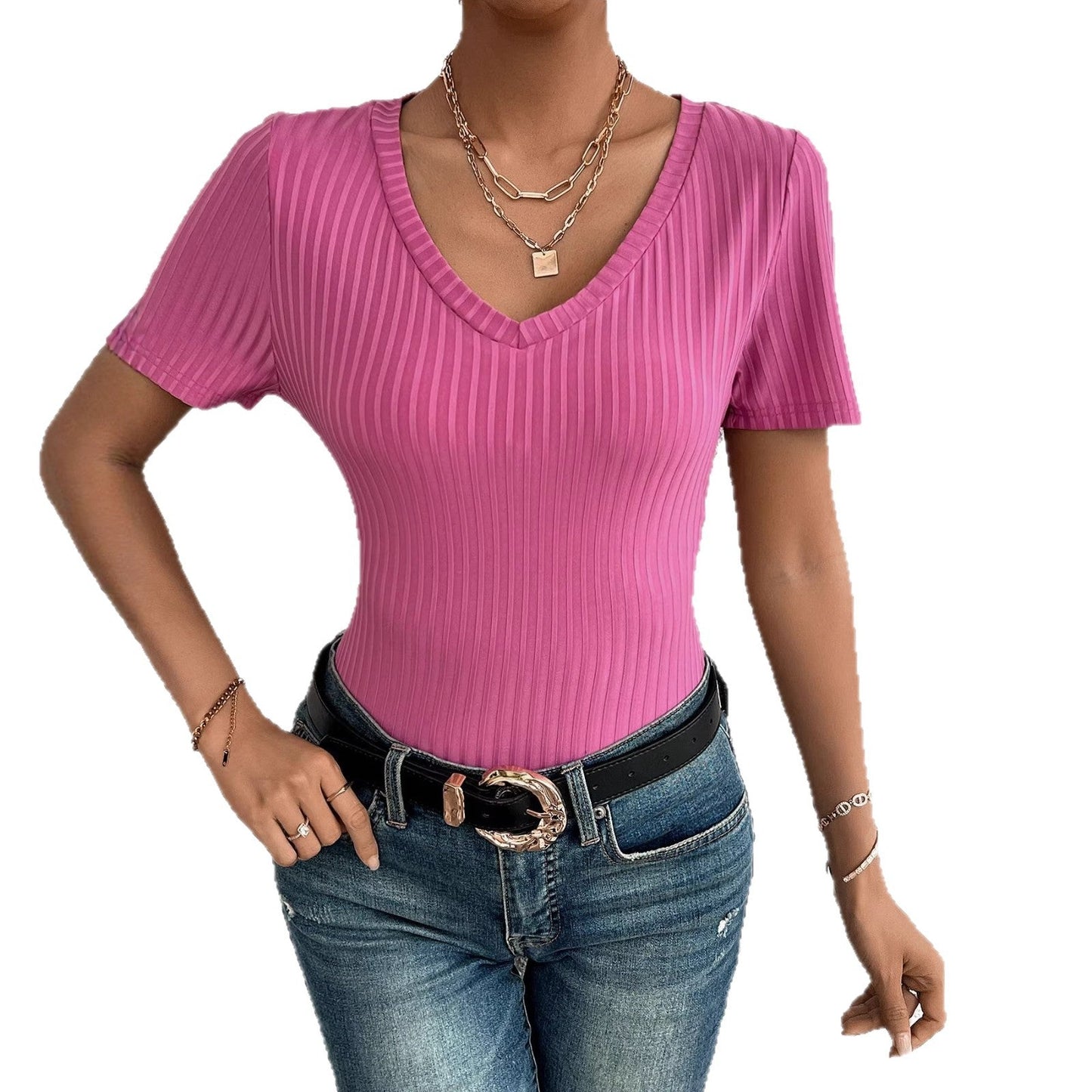 Damen Kurzarmshirt V-Ausschnitt Rippstruktur Eveloria