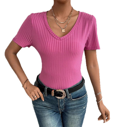 Damen Kurzarmshirt V-Ausschnitt Rippstruktur Eveloria