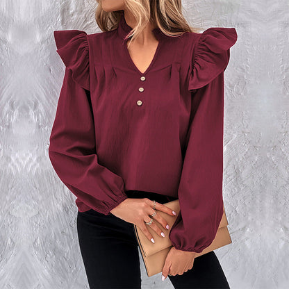 Damen Bluse Rüschenärmel Knopfdetails Eveloria