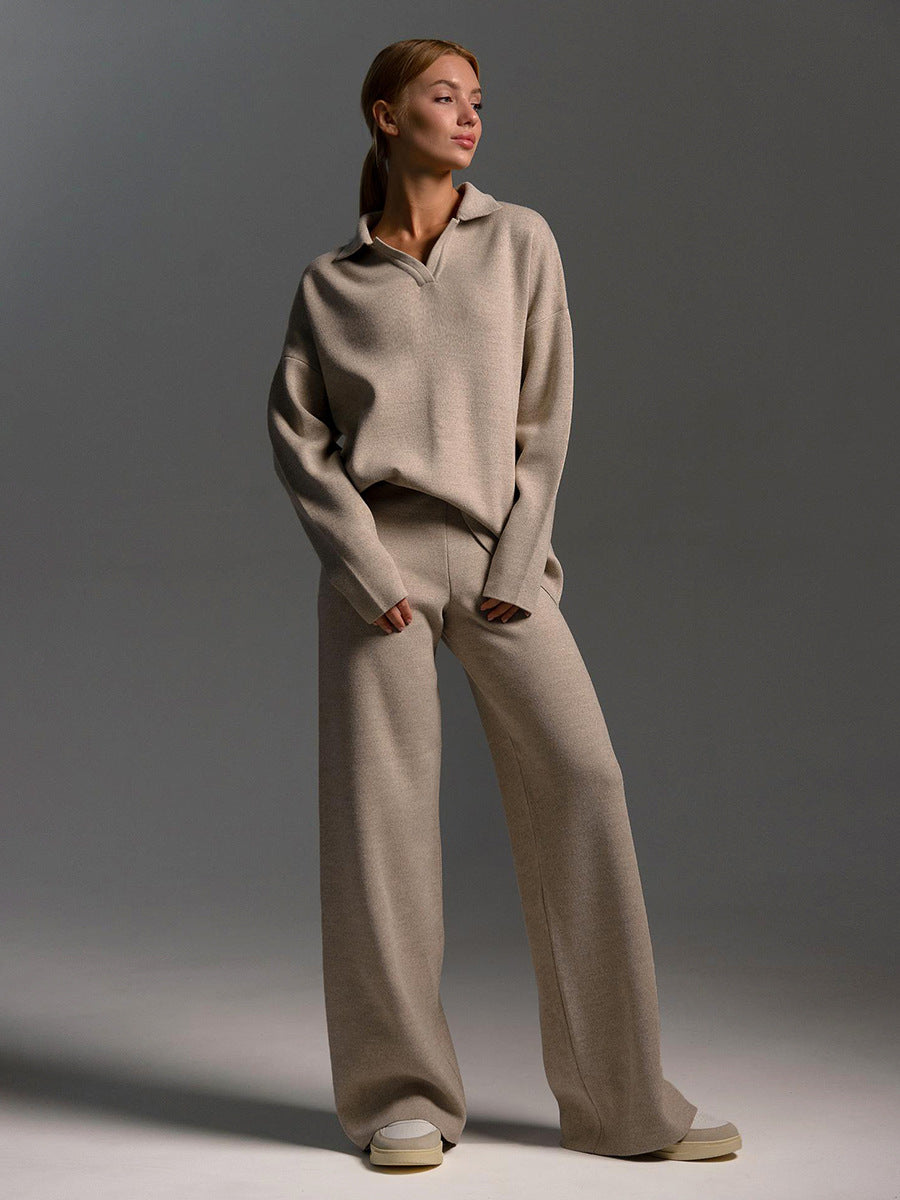 Damen Polopullover Weitbeinhosen Set