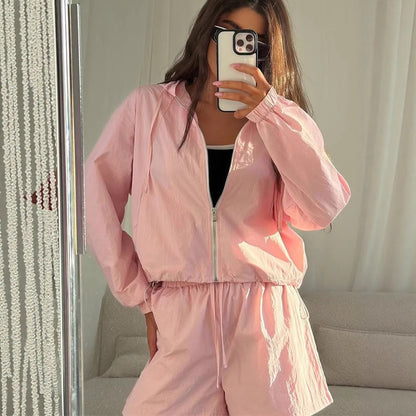 Damen Sportset Kurzarm Kapuzenjacke Elastischer Bund