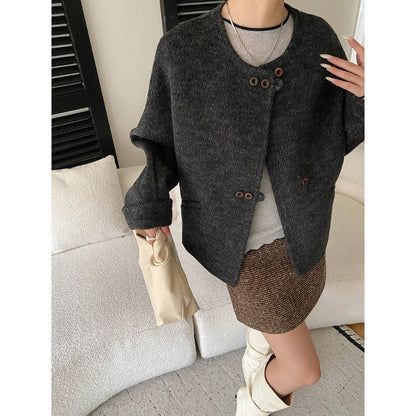 Damen Oversized-Jacke Wollmix Knöpfe Beige