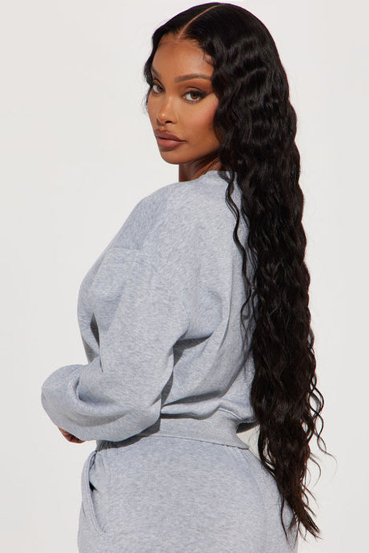 Damen Cropped Sweatshirt Überschnittene Schultern Breiter Saum Grau