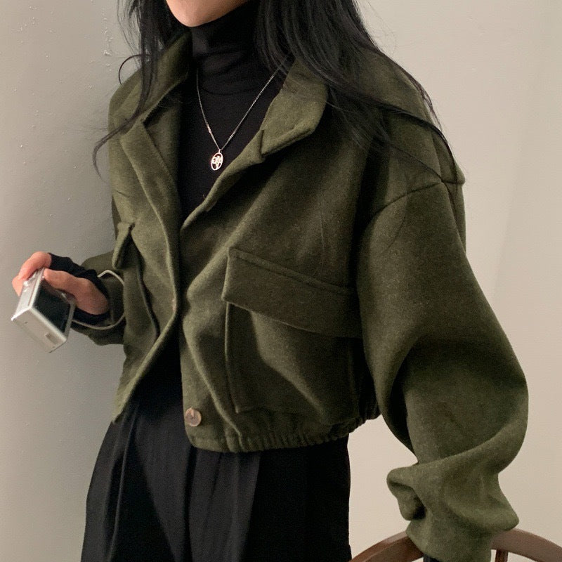 Damen Wolljacke Oversized Lässige Taschen Braun