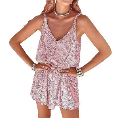 Damen Glitzer Jumpsuit V-Ausschnitt Elastisch Eveloria