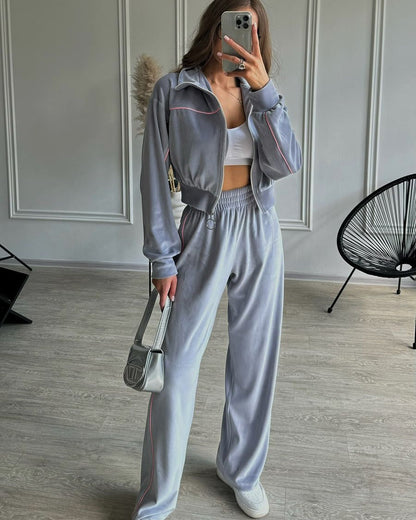 Damen Velours-Joggingset Hochkragen Reißverschluss Eveloria