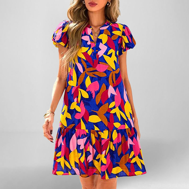 Damen Kleid Kurzarm Fließend Rüschensaum Eveloria