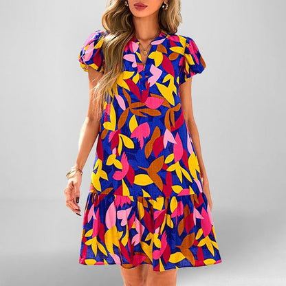 Damen Kleid Kurzarm Fließend Rüschensaum Eveloria
