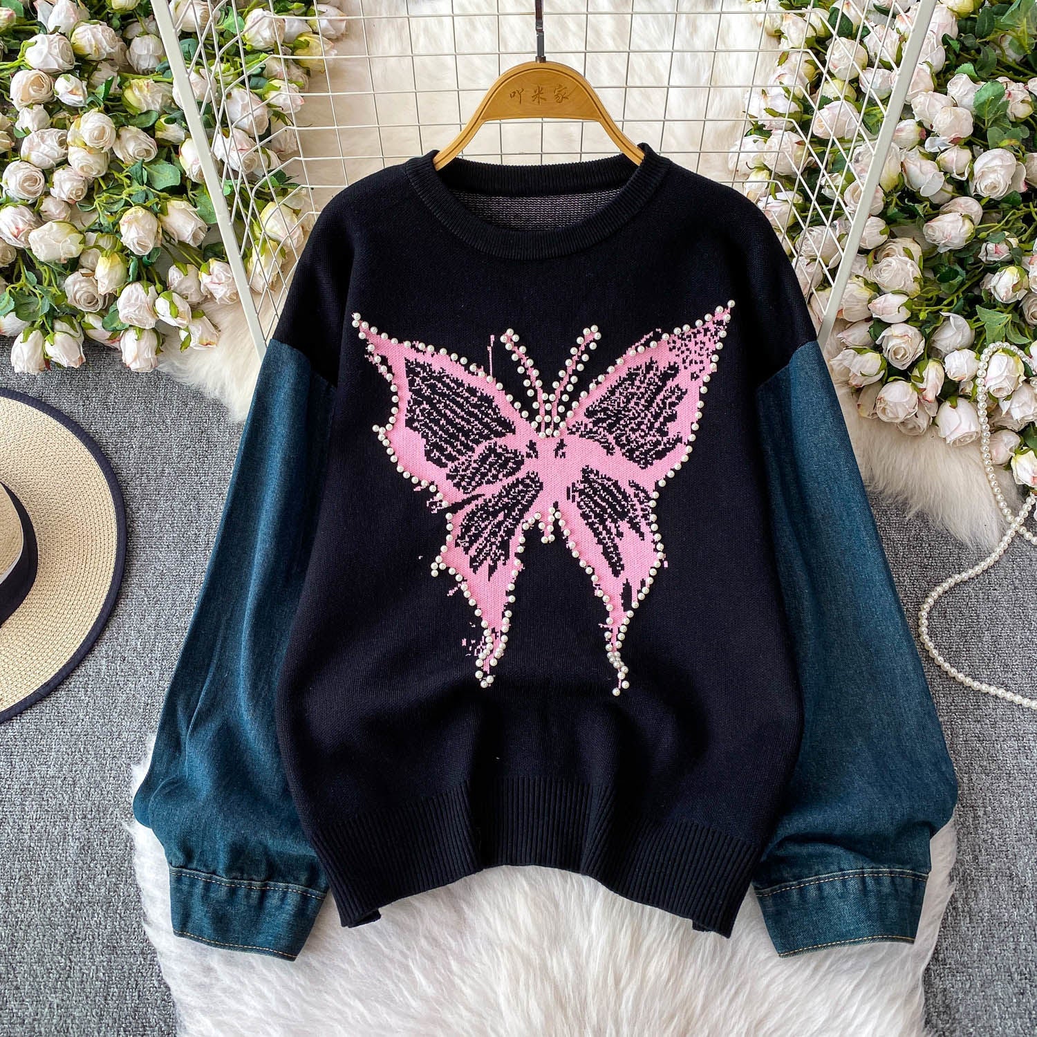 Damen Pullover Schmetterlingsmuster Denim Ärmel Blau - Eveloria
