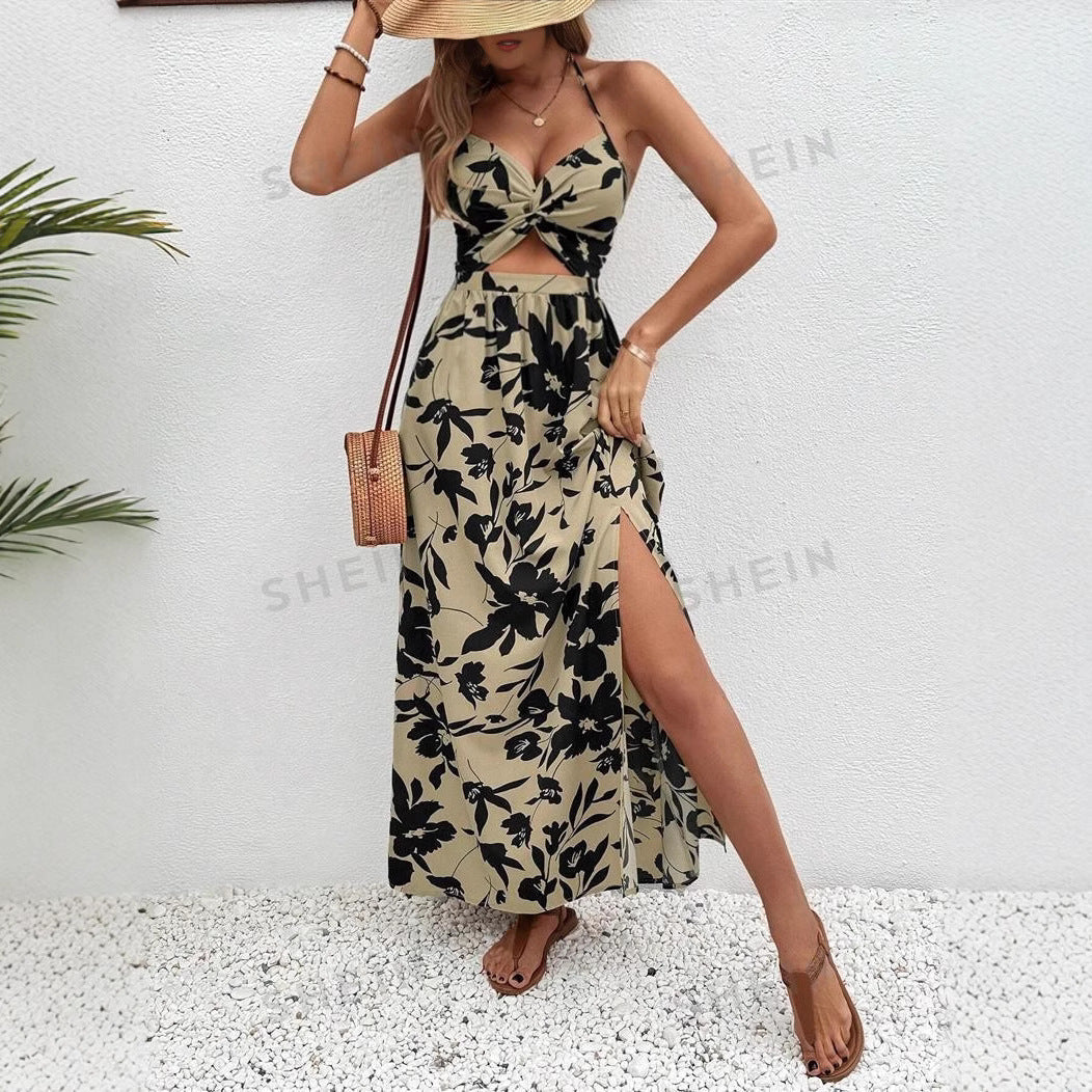 Damen Maxikleid Florales Design Cut-Out Seitenschlitz Eveloria