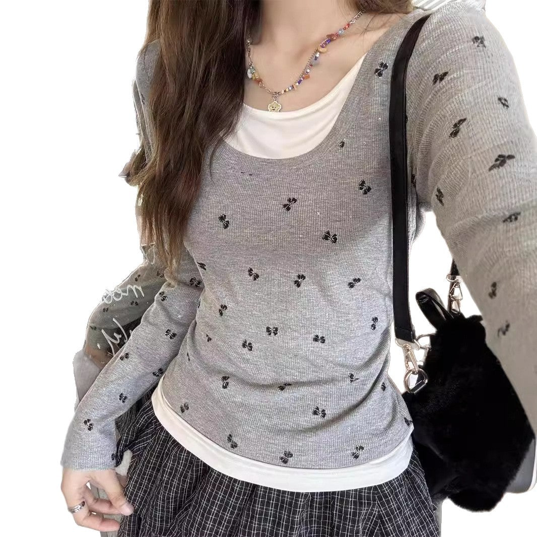 Damen Langarmshirt Florales Muster Baumwolle Weißen