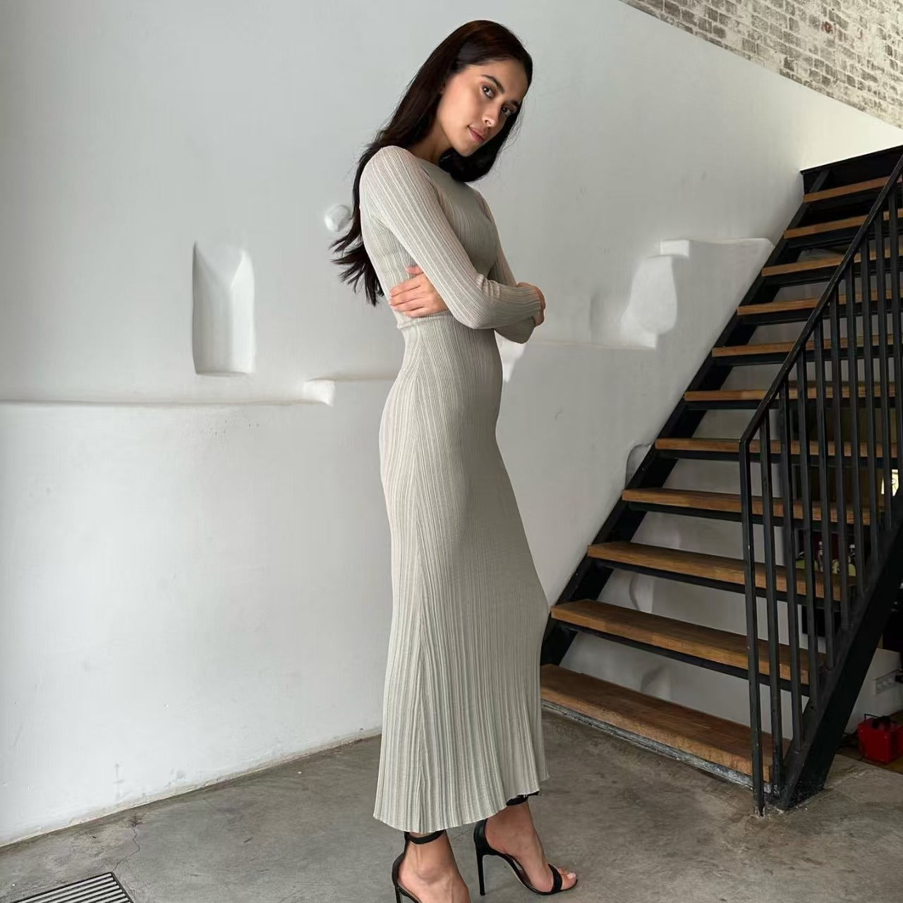 Damen Maxikleid Rippstrick Langärmelig Figurbetont Eveloria