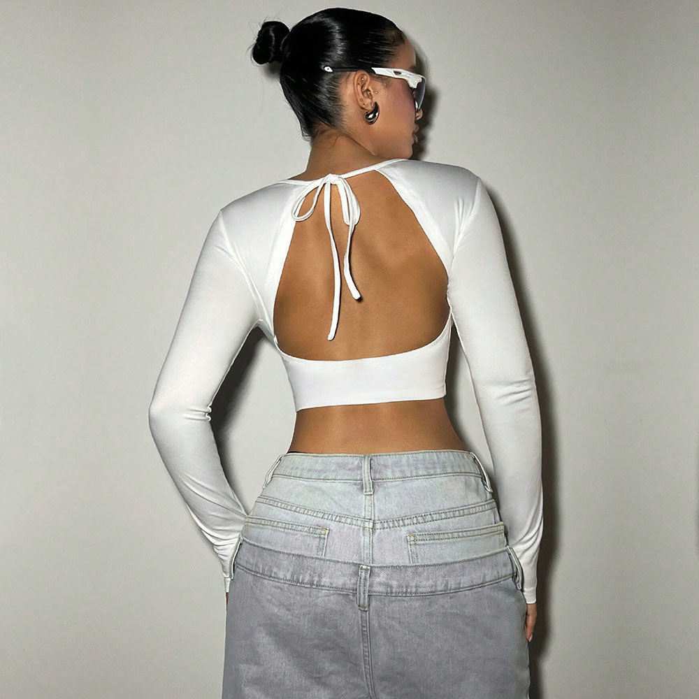 Damen Cropped Langarmtop V-Ausschnitt Dekorative Schnalle