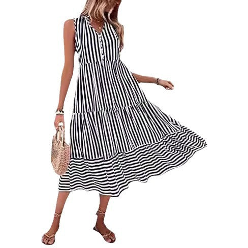 Damen Midikleid Gestreift Knopfleiste Eveloria