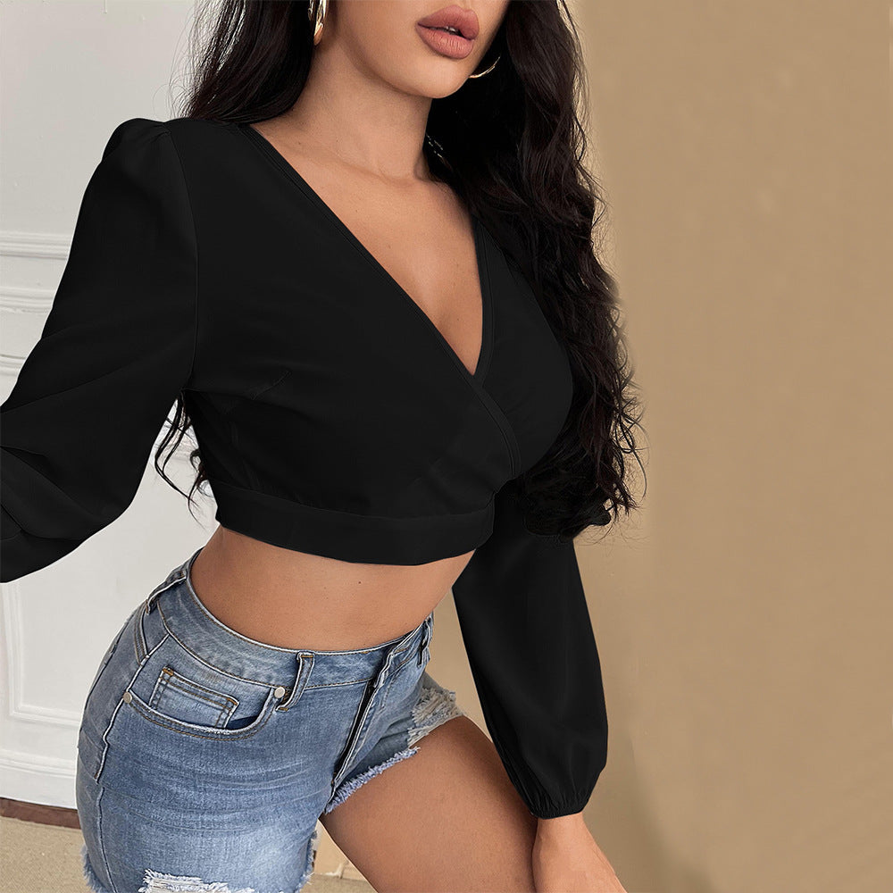 Damen Cropped mit V-Ausschnitt und Puffärmeln Eveloria
