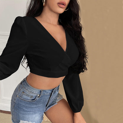 Damen Cropped mit V-Ausschnitt und Puffärmeln Eveloria