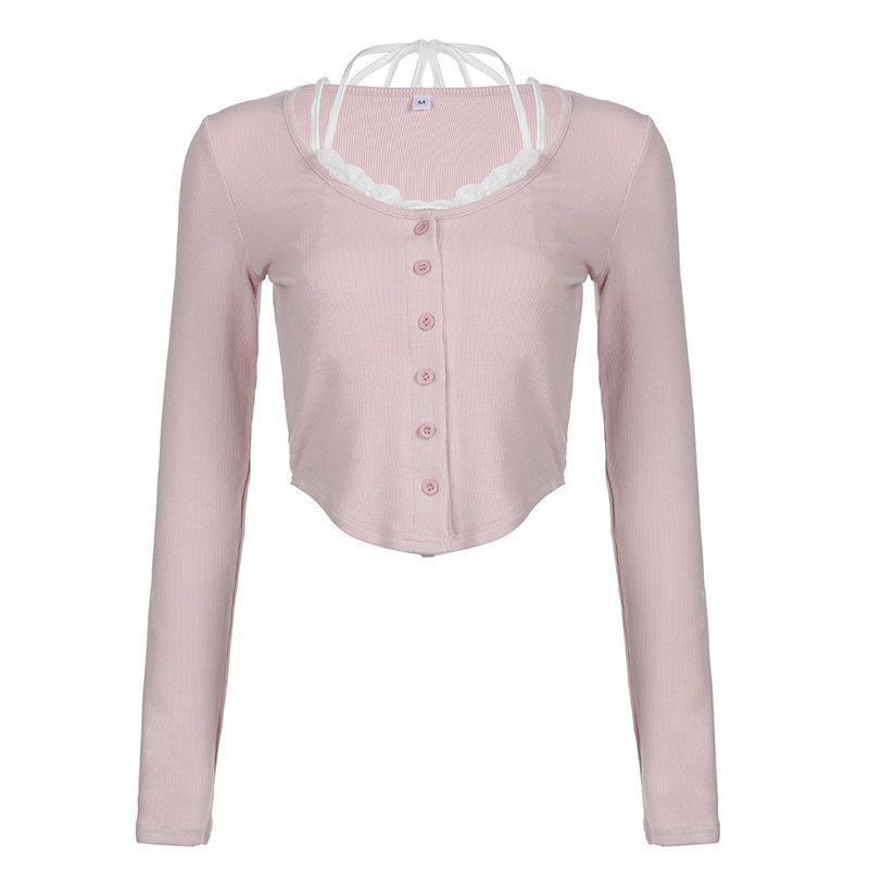 Damen Cropped Langarmshirt mit Knöpfen und Trägerdetails