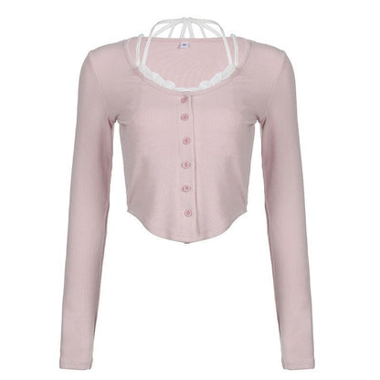 Damen Cropped Langarmshirt mit Knöpfen und Trägerdetails