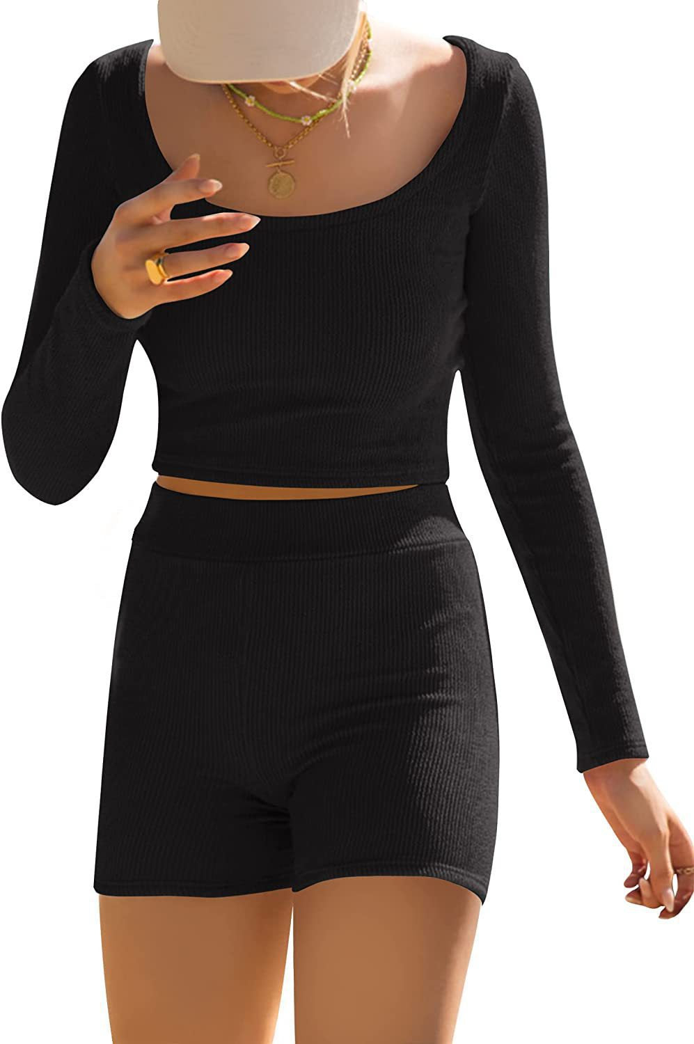 Damen Oberteil und Shorts Anzug Rippstruktur Länge Ärmel