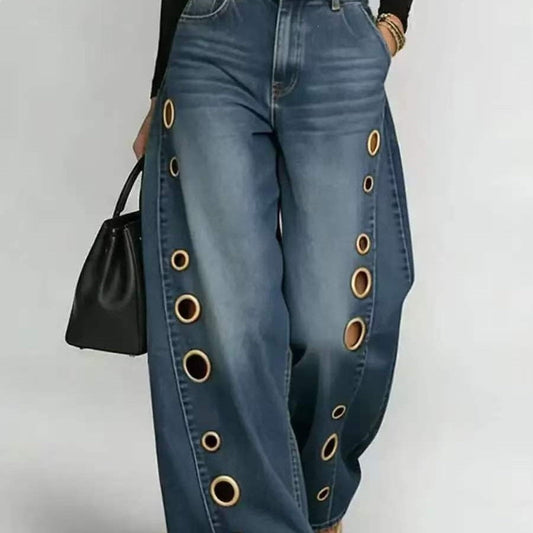Damen Weite Jeans Dekorative Ösen Hoher Bund Blau Eveloria - Eveloria