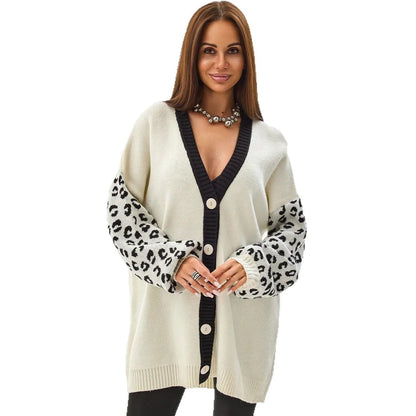 Damen Cardigan Extralang Tiermuster Knöpfe