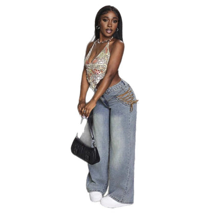 Damen Weite Jeans Schnürdesign Blau Eveloria
