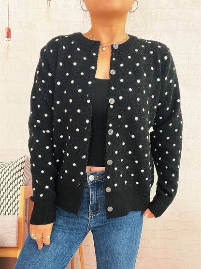 Damen Strickjacke Modern Punkte Knopfleiste Grau