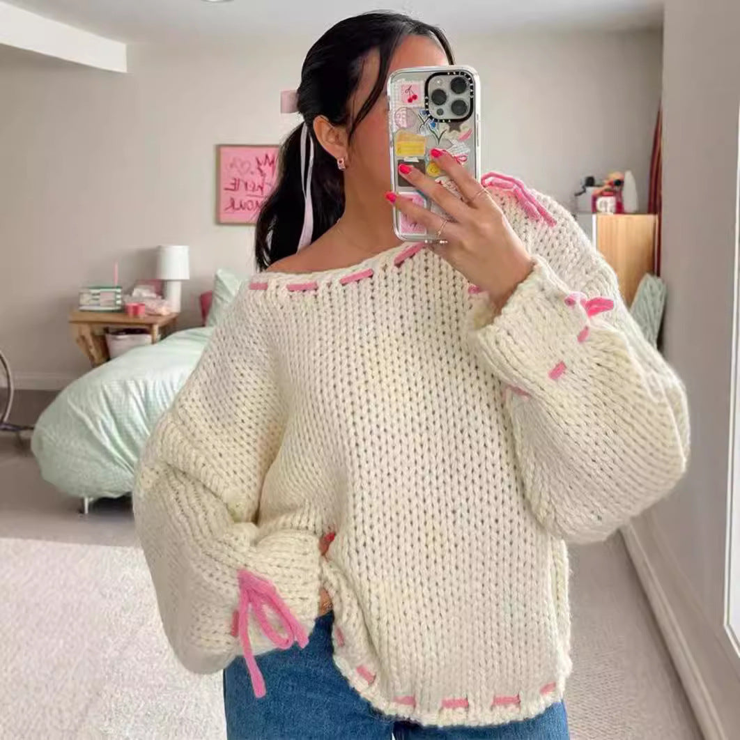 Damen Pullover Locker Kordelverschluss Beige Eveloria