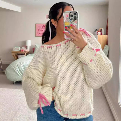 Damen Pullover Locker Kordelverschluss Beige Eveloria