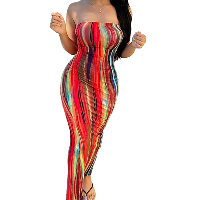 Damen Maxikleid Schulterfrei Farbenfroh Eveloria