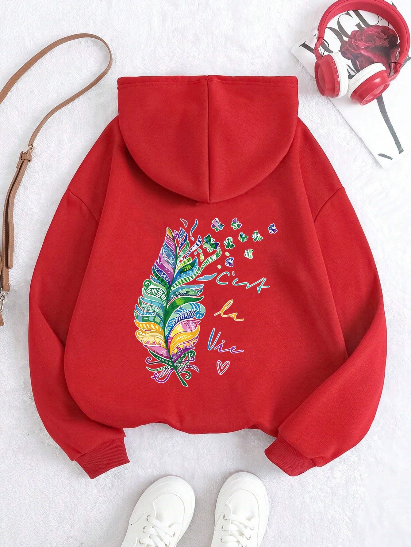 Damen Kapuzenpullover Bunt Federdesign