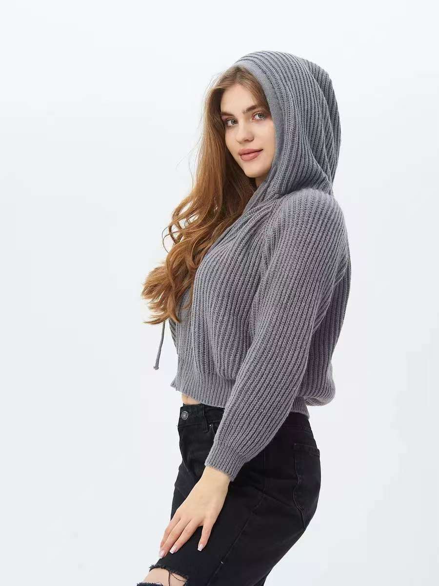 Damen Hoodie Weiches RippstrickMaterial Mit Kordelzug