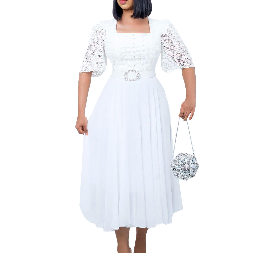 Damen Maxikleid Spitze Taillengürtel Eveloria