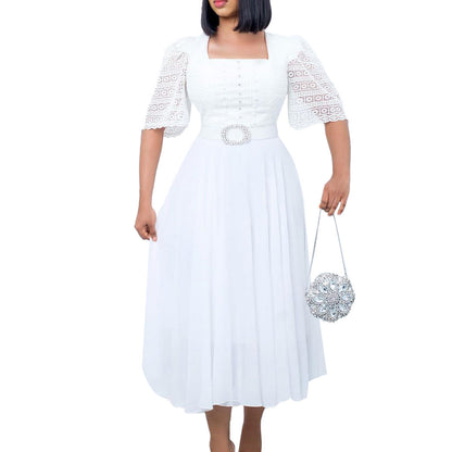 Damen Maxikleid Spitze Taillengürtel Eveloria