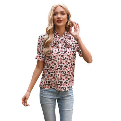 Damen Bluse Floralmuster Elegante Schleife Weiss